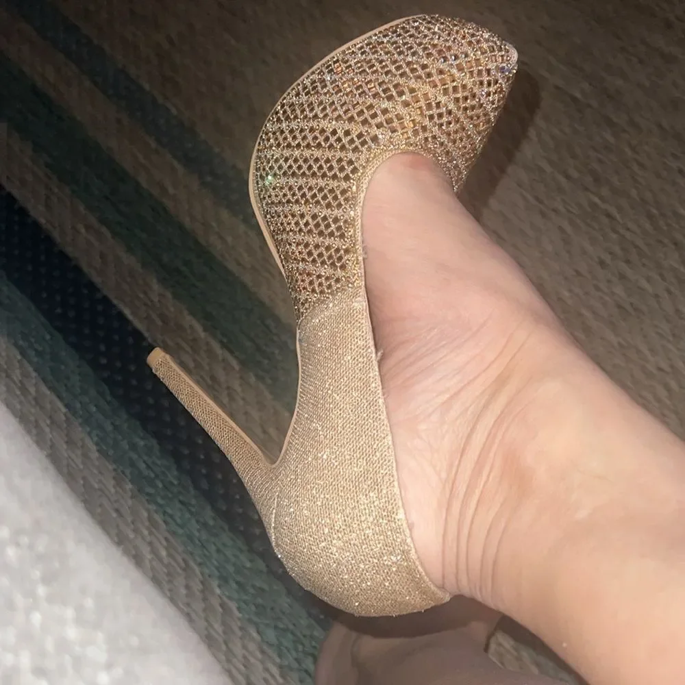 🛍️ Gold rhinestone glitter platform slip on stiletto high heel pumps size 7.5